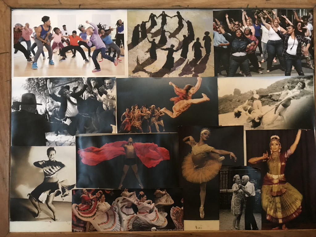 
Photo shows a collage of twelve different photographs of people dancing. The photographs in the collage include several pictures featuring 1 dancer in a costume; each performing in a different style of dance. Other photographs depict large groups of people dancing socially in various styles and configurations. Some photographs are in color and others are in black and white. Images depicting famous dancers and groups include an image of the Urban Bush Women, an Image from Ballet Tracadero, an image of Pearl Primus and the cover image from Camile A. Brown's TED talk, "A Visual History of Social Dance in 25 Moves"

