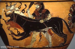 Heracles & Cerberus, Caeretan black-figure hydria, 6th BCE, Musée du Louvre.