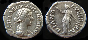 Denarius depicting Lucilla, daughter of Marcus Aurelius on the obverse and Diana Lucina holding a torch on the reverse. Minted between 164-183 CE. 