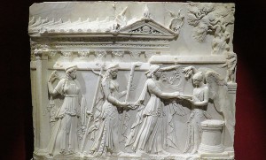 Apollo, Diana, and Latona at a sacrifice with Victoria. Marble relief, ca. 30 BCE. The temple in the background is possibly referring to Octavian's temple to Apollo on the Palatine hill. 