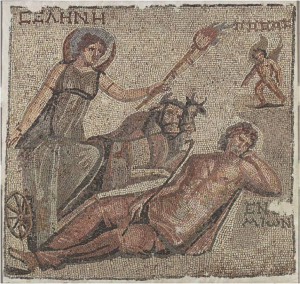 Selene driving the bull-drawn biga, raising a lit torch that illuminates the sleeping Endymion - from Roman period, circa 3th c. CE 