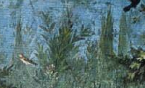 Detail of Gardenscape showing cypress trees, Second Style wall paintings, from the Villa of Livia, Primaporta, Italy, ca. 30-20 BCE. Fresco, 6'7" high. Museo Nazionale Romano - Palazzo Massimo alle Terme, Rome. 