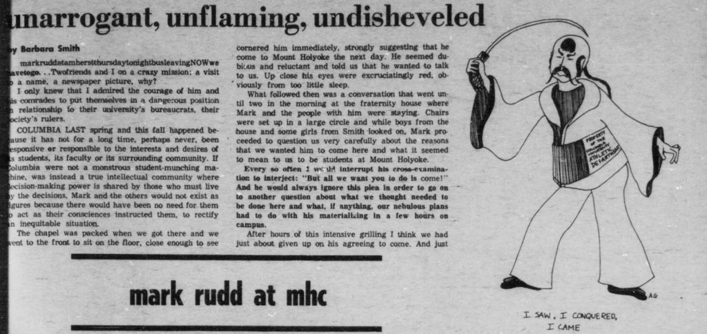 Mark Rudd at MHC: Unarrogant, Unflaming, Undisheveled. Choragos. October 3, 1968. Mount Holyoke College Periodicals, Student Newspaper.