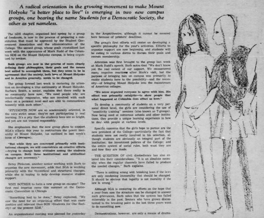 Untitled Article. Choragos. October 3, 1968. Mount Holyoke College Periodicals, Student Newspaper.
