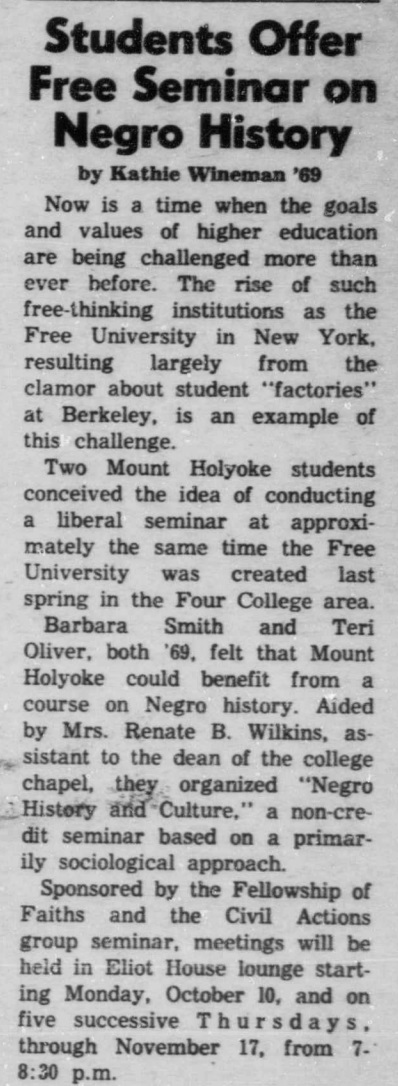Students Offer Free Seminar on Negro History. Choragos. September 30, 1966. Mount Holyoke College Periodicals, Student Newspaper.