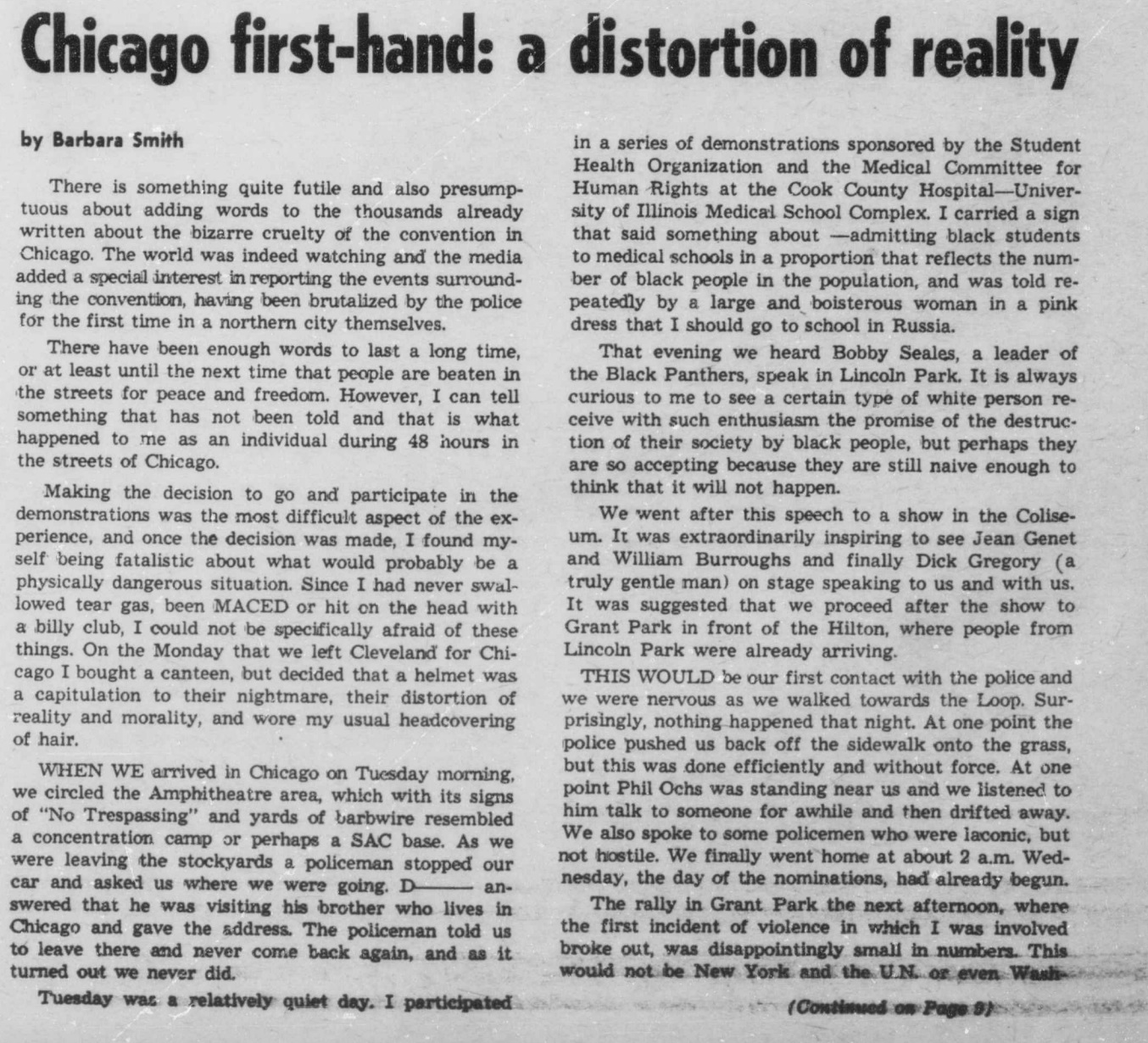 Chicago First-Hand: a Distortion of Reality. Choragos. September 24, 1968. Mount Holyoke College Periodicals, Student Newspaper.