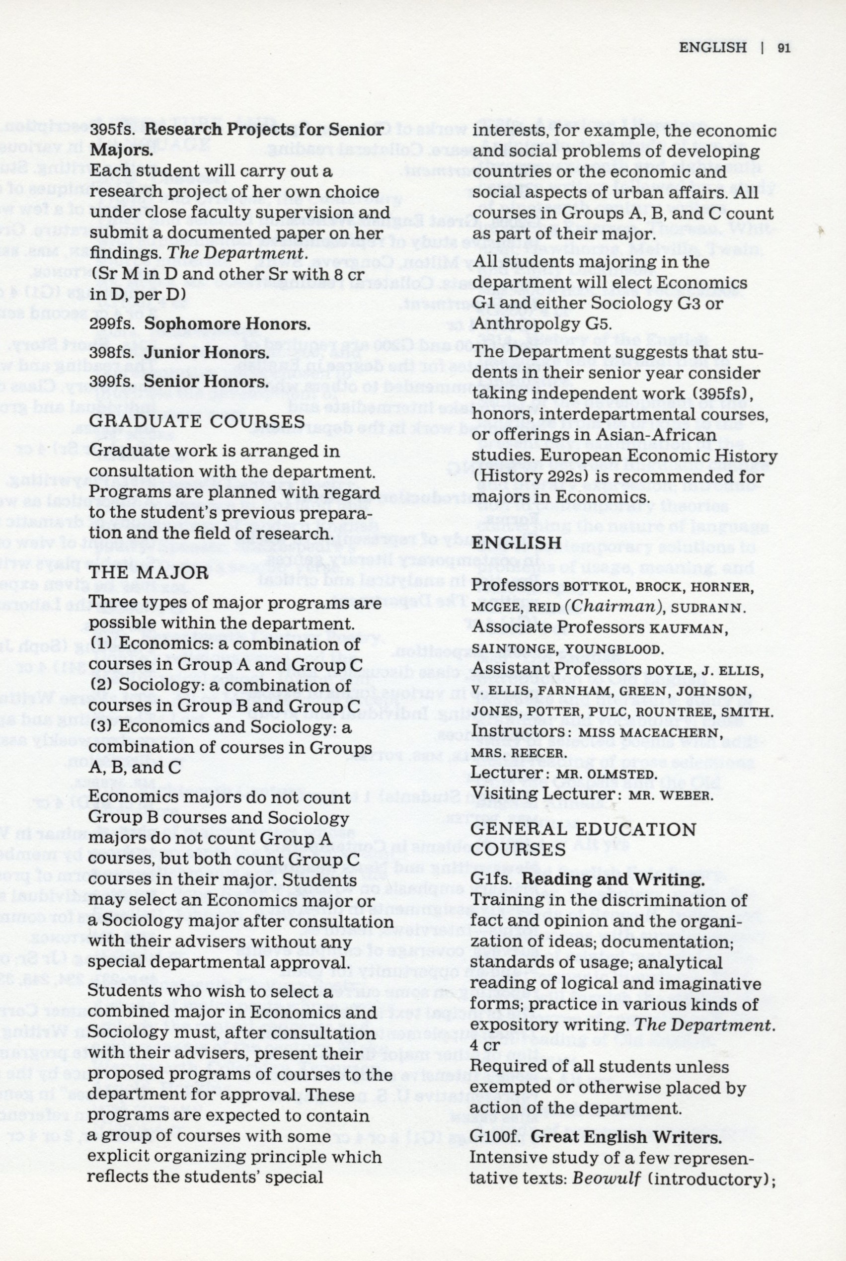 Mount Holyoke College Course Catalog ‘68-89.