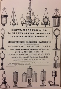 Lamps, including whale-burning fluid lamps in an advertisement by Dietz , Brother and Company, 1844. 