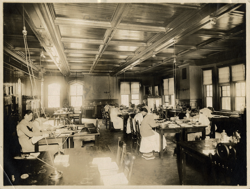 Students work at wooden desks in a large classroom with many windows. One student on the left is looking up at the camera. The classroom has dark floors and walls, as well as dark furniture.