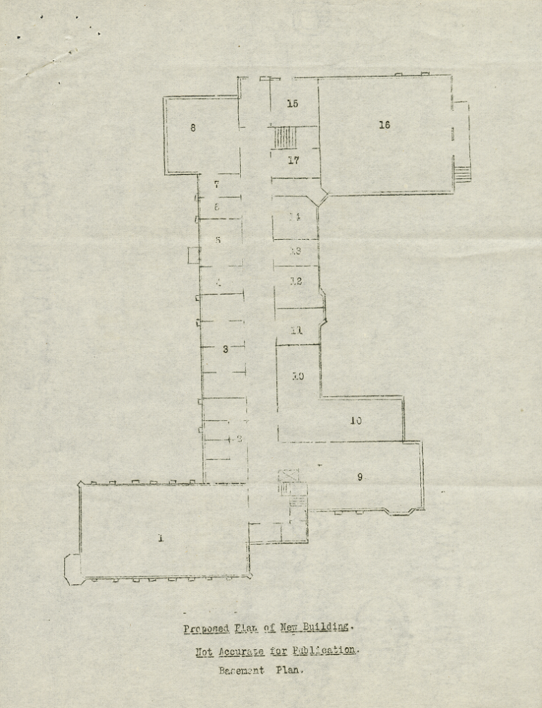 A proposed blueprint of the Basement of Clapp Laboratory. The building is outlined in black, with numbered rooms ranging from 1 to 16.