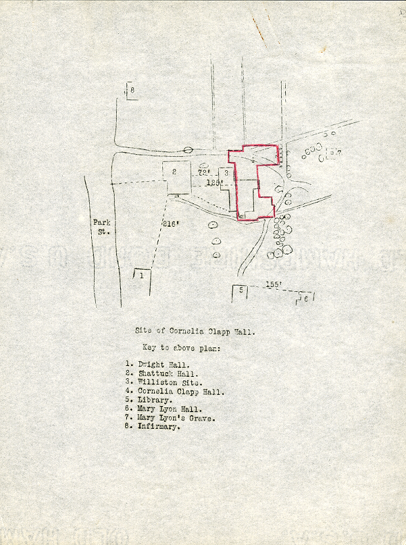 A map of the site of Cornelia Clapp Hall. Existing surrounding buildings and paths drawn in blank, and the proposed Clapp building in red. A numbered key below reads "1. Dwight Hall. 2. Shattuck Hall. 3. Williston Site. 4. Cornelia Clapp Hall. 5. Library. 6. Mary Lyon Hall. 7. Mary Lyon's Grave. 8. Infirmary."