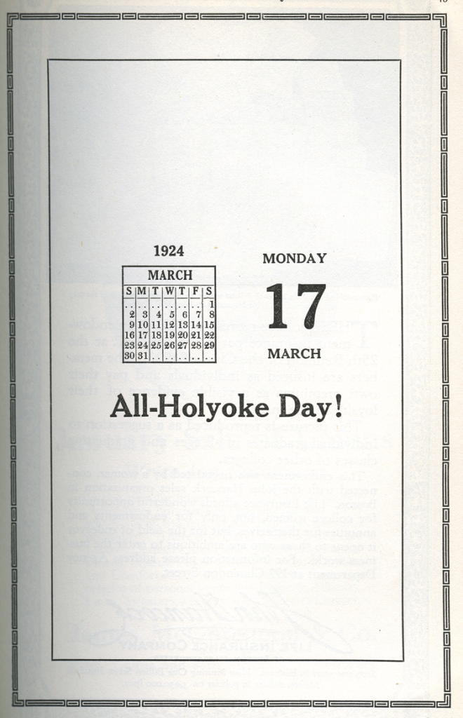 Graphic with a calendar of March 1924 on the left, and Monday 17 March on the right. Underneath, text reads "All-Holyoke Day!"