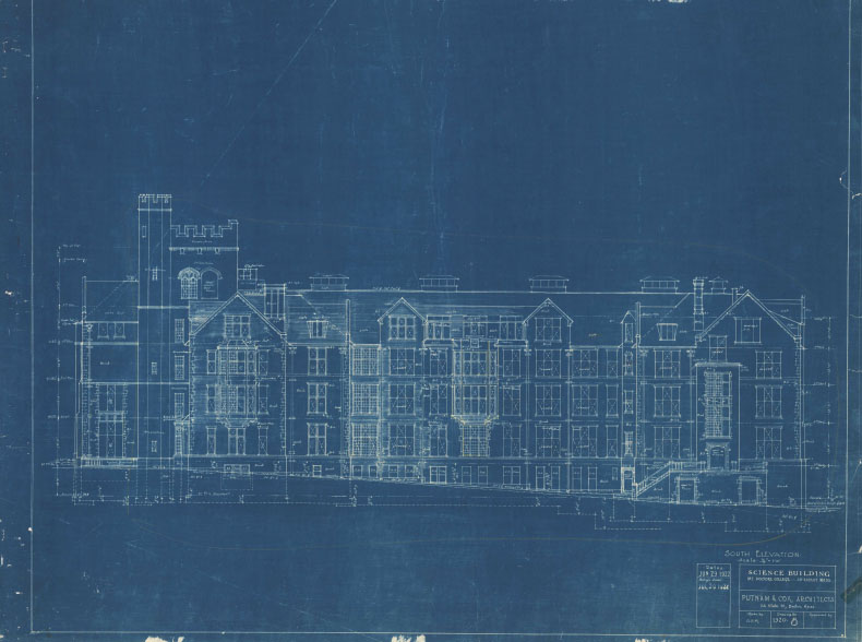 Sketch of building plans of the side of Clapp Laboratory, drawn in white pencil against a dark blue background.