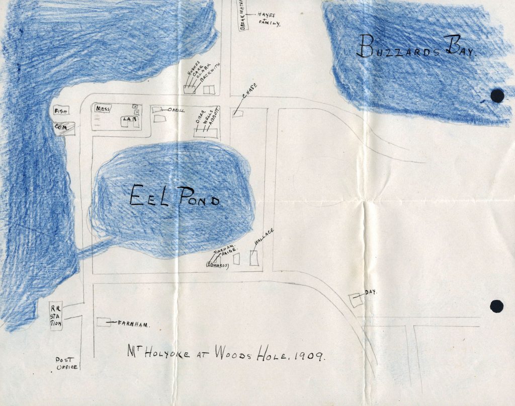 A drawn map with penciled in roads and houses, and blue colored bodies of water. The water is labeled "EEL POND" and "BUZZARDS BAY", and the map is titled "MT HOLYOKE AT WOODS HOLE. 1909."