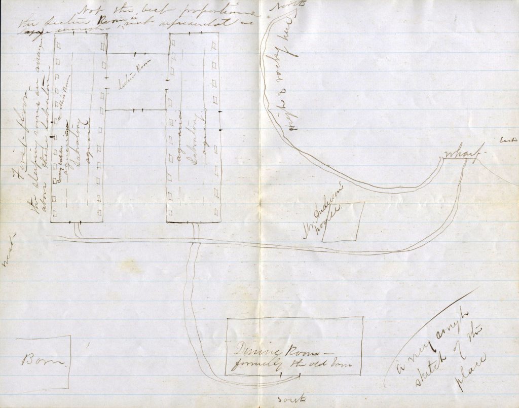 Sketch of a map in pen. There are a few buildings, and roads leading towards them. Drawn on blue lined paper.