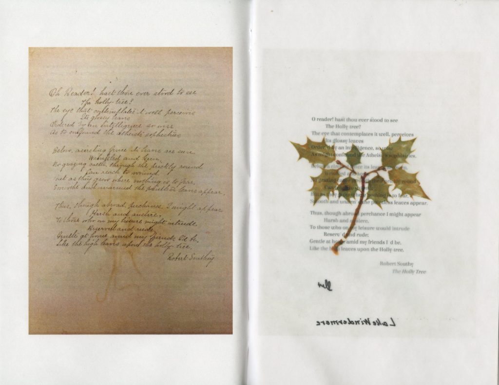 A handwritten note next to pressed clippings of ivy.