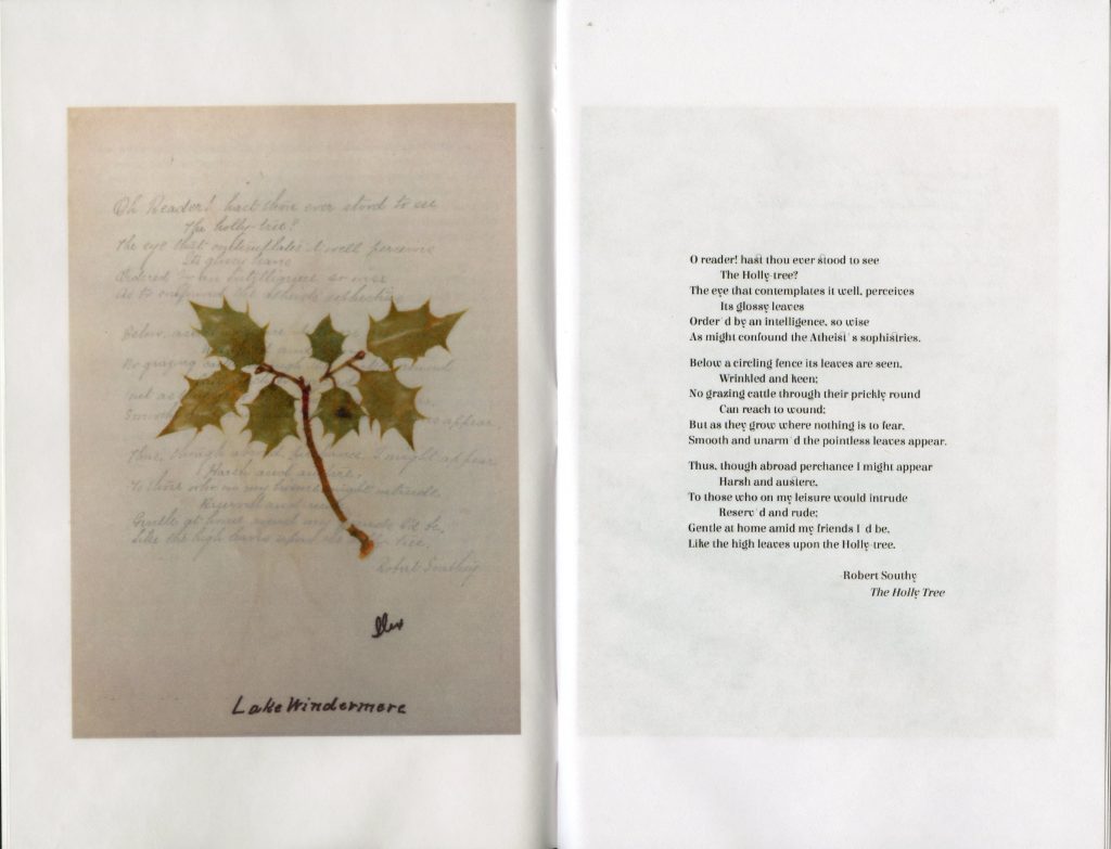 A pressed ivy clipping next to a poem which reads "O reader! hast thou ever stood to see The Holly tree? The eye that contemplates it well. perceives Its glossy leaves Order'd by an intelligence, so wise As might confound the Atheist's sophistries. Below a circling fence its leaves are seen, Wrinkled and keen; No grazing cattle through their prickly round Can reach to wound; But as they grow where nothing is to fear, Smooth and unarm'd the pointless leaves appear. Thus, though abroad perchance I might appear Harsh and austere, To those who on my leisure would intrude Reserv'd and rude; Gentle at home amid my friends I d be, Like the high leaves upon the Holly tree. Robert Southy, The Holly Tree."