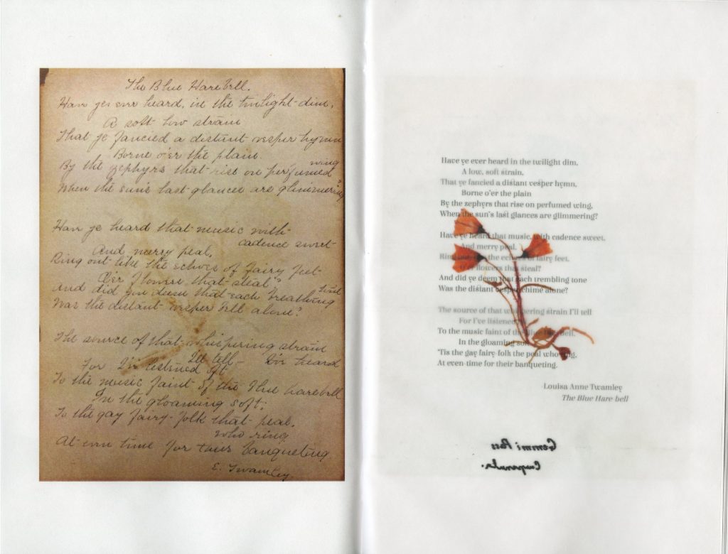 A handwritten poem next to a pressing of small, orange flowers.