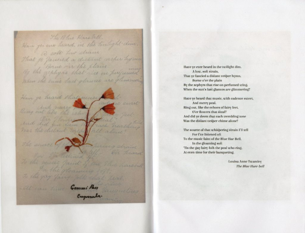 A pressed orange flower next to a poem which reads "Have ye ever heard in the twilight dim, A low, soft strain, That ye fancied a distant vesper hymn, Borne o'er the plain By the zephyrs that rise on perfumed wing, When the sun's last glances are glimmering? Have ye heard that music, with cadence sweet, And merry peal, Ring out, like the echoes of fairy feet, O'er flowers that steal? And did ye deem that each trembling tone Was the distant vesper-chime alone? The source of that whispering strain I'll tell For I've listened oft To the music faint of the Blue Har-Bell, In the gloaming soft 'Tis the gay fairy-folk the peal who ring, At even-time for their banqueting. Louisa Anne Twamley, The Blue Hare bell."