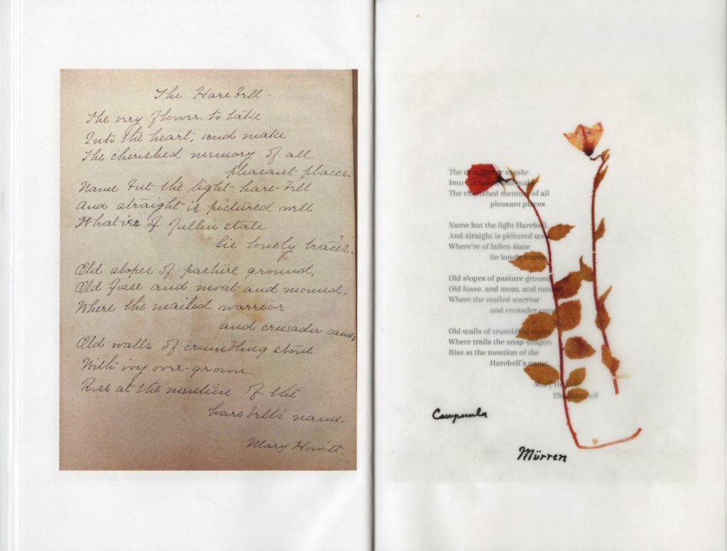 A handwritten poem next to pressed, red flowers with leaves.