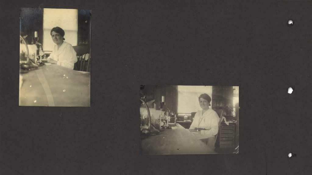 Two photos of a woman at a desk in a lab. The desk is crowded with equipment.