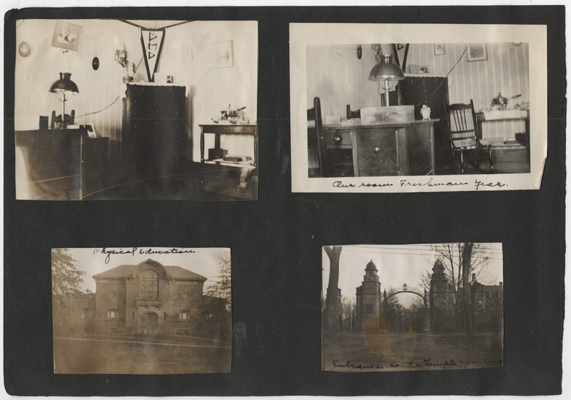 Four black and white photographs mounted on black. Two show the interior of a dorm room with desks, chairs, and decorations on the walls; one photograph is an exterior shot of the front of Blanchard; the final photograph is an exterior shot of campus featuring the front gates.