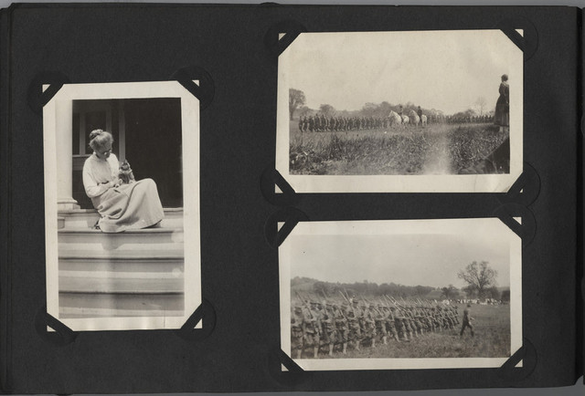 Three black and white photographs mounted one black. One shows a woman sitting on outdoor steps holding a cat; the other two photographs who soldiers marching in a field in formation