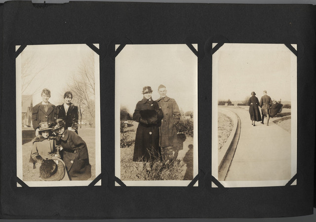 Three black and white photographs mounted on black. One shows three women huddled together in winter coat, two kneeling and tow standing; A woman standing with a man in a soldier's uniform; the man and woman from behind walking together down a sidewalk