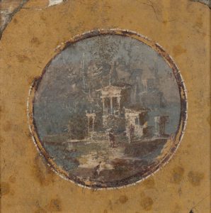 One of the objects donated by Hill in 1958, when the neighboring letter was written. "Fragment of a wall painting with shrine and landscape," Pompeiian, 1st century CE. From MHCAM.