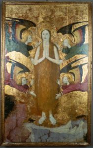 Standing figure of Mary Magdalene hovering above a rocky landscape and supported by four flying angels with polychrome wings; gold ground