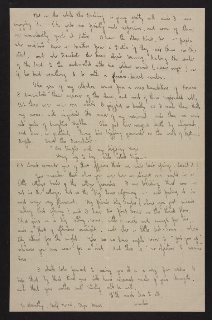 Page of a letter from Coulter to cousin Florence Chamberlain, December 3, 1911. Letter describes Coulter's experience teaching at Bryn Mawr. 