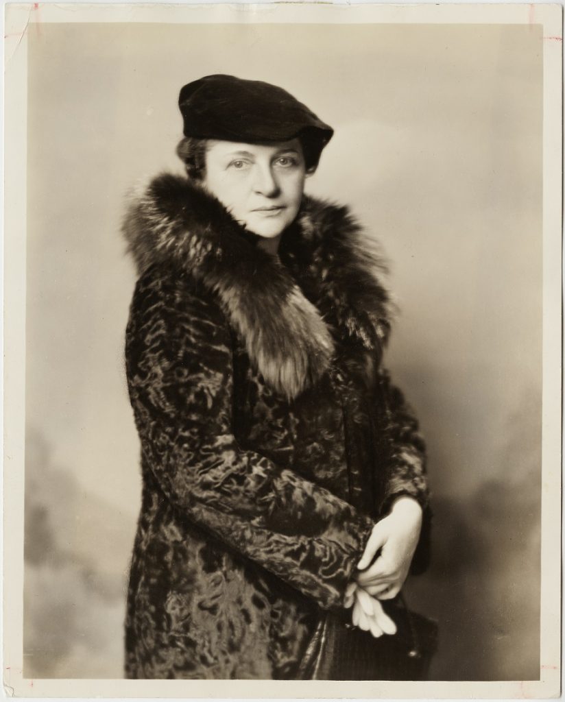 Francis Perkins in a fur coat, ca. 1935-1936