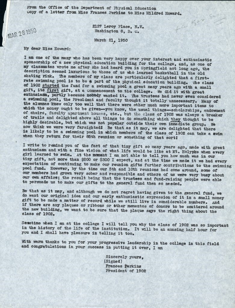 Letter to the Department of Physical Education, March 28th, 1950