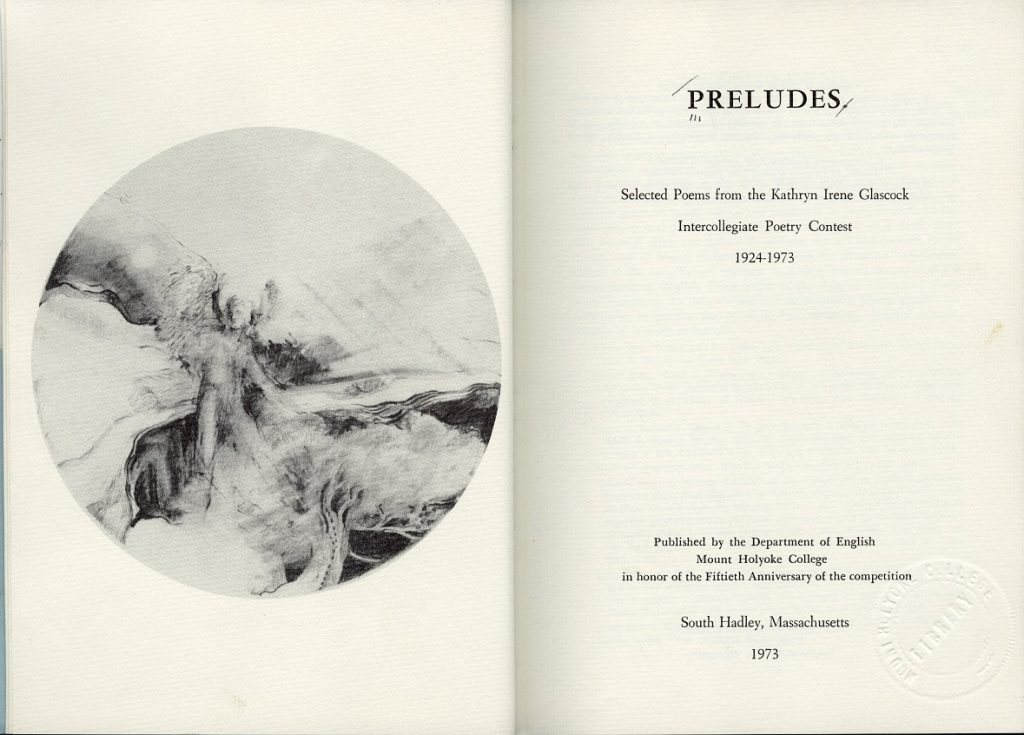 Spread of book frontispiece and title page. Frontispiece is rounded black and white sketch of an angle on a mountainside beside a tree.