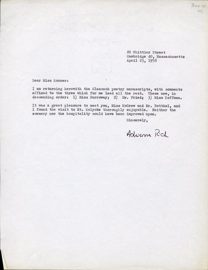 Typewritten letter to Joyce Horner signed by Adrienne Rich