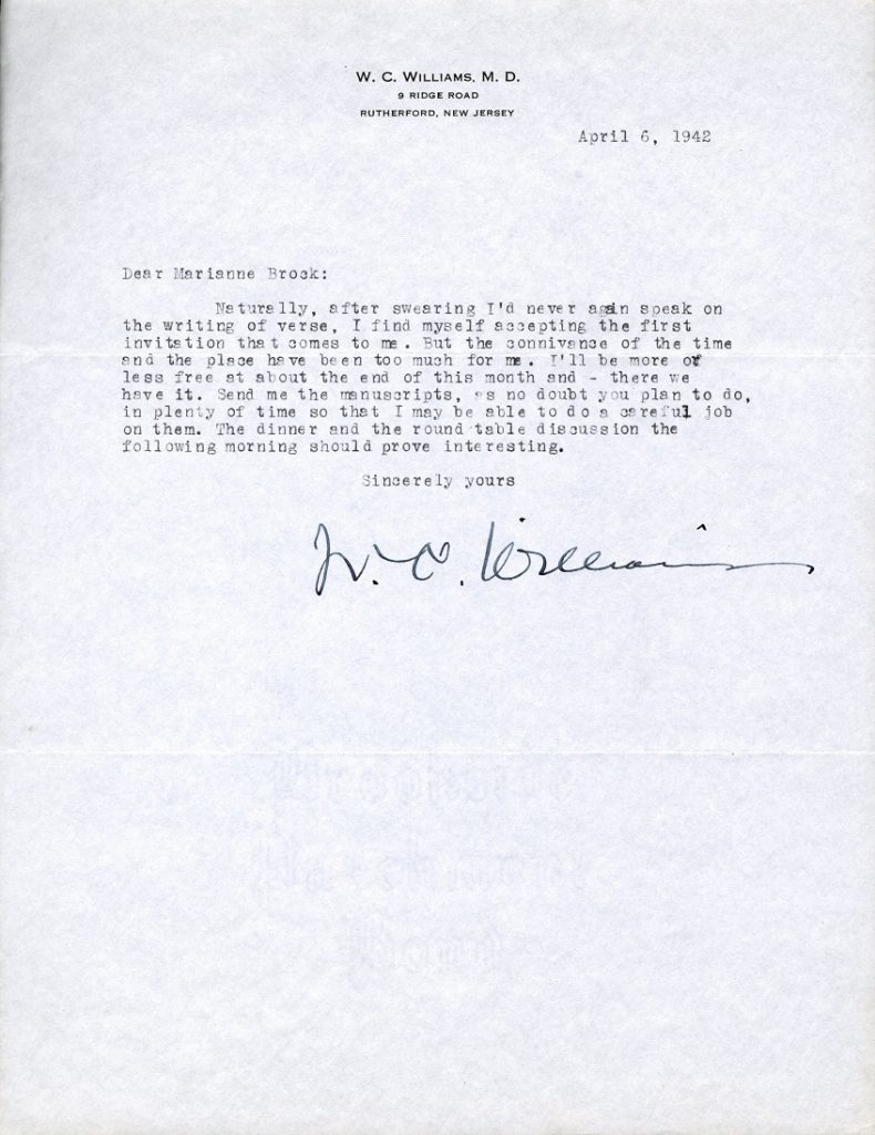 Typewritten letter from William Carlos Williams to Marianne Brock