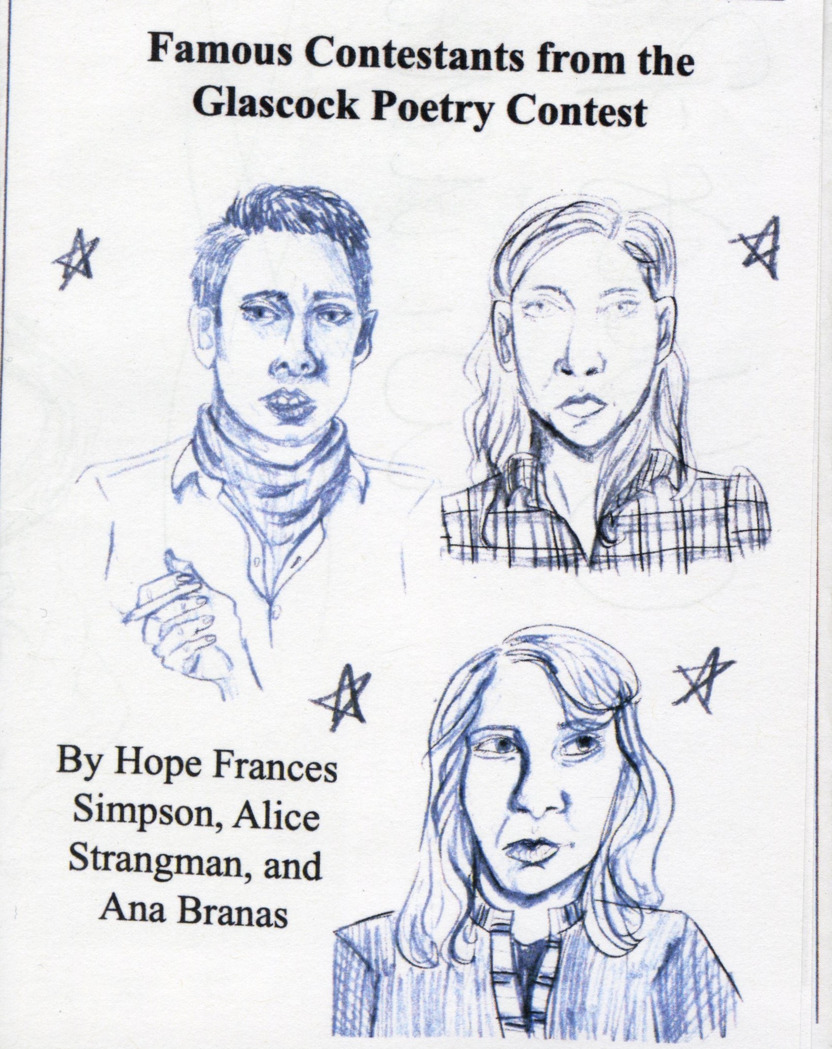 Cover of zine with three black and white hand drawn sketches of poets