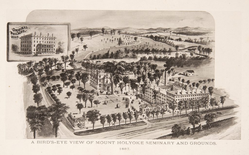 A print of an illustrated view of the Mount Holyoke Seminary and Grounds.