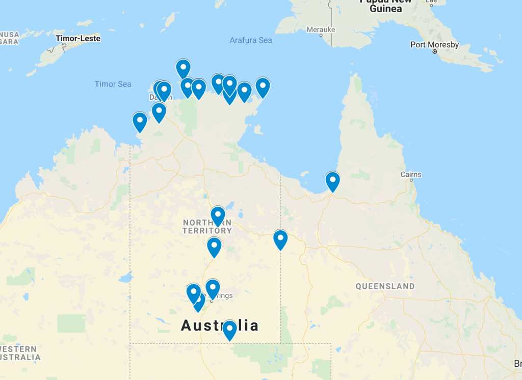 Points across the Northern Territory of Australia. They are mostly concentrated in the coastal and southern areas of NT.