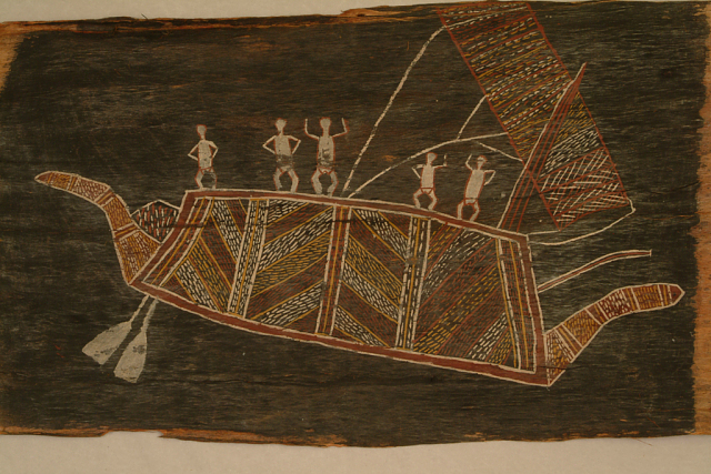 Bark painting of a boat with a sail and paddles and five men on it. Painting is done in red, white, and yellow against a black background. 