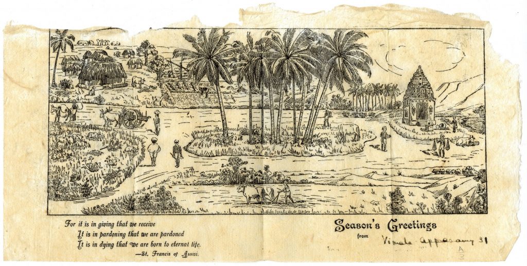 A bamboo sketch showcasing a pastoral scene in India. The bottom of the image has the following inscription: "For it is in giving that we receive, it is in pardoning that we are pardoned, it is in dying that we are born to eternal life. - St Francis of Assisi. Season's Greatings from Vimala Appasamy 31"