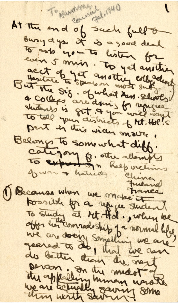 Handwritten notes, in cursive, on a speech asking for donations to sustain refugee scholarships.