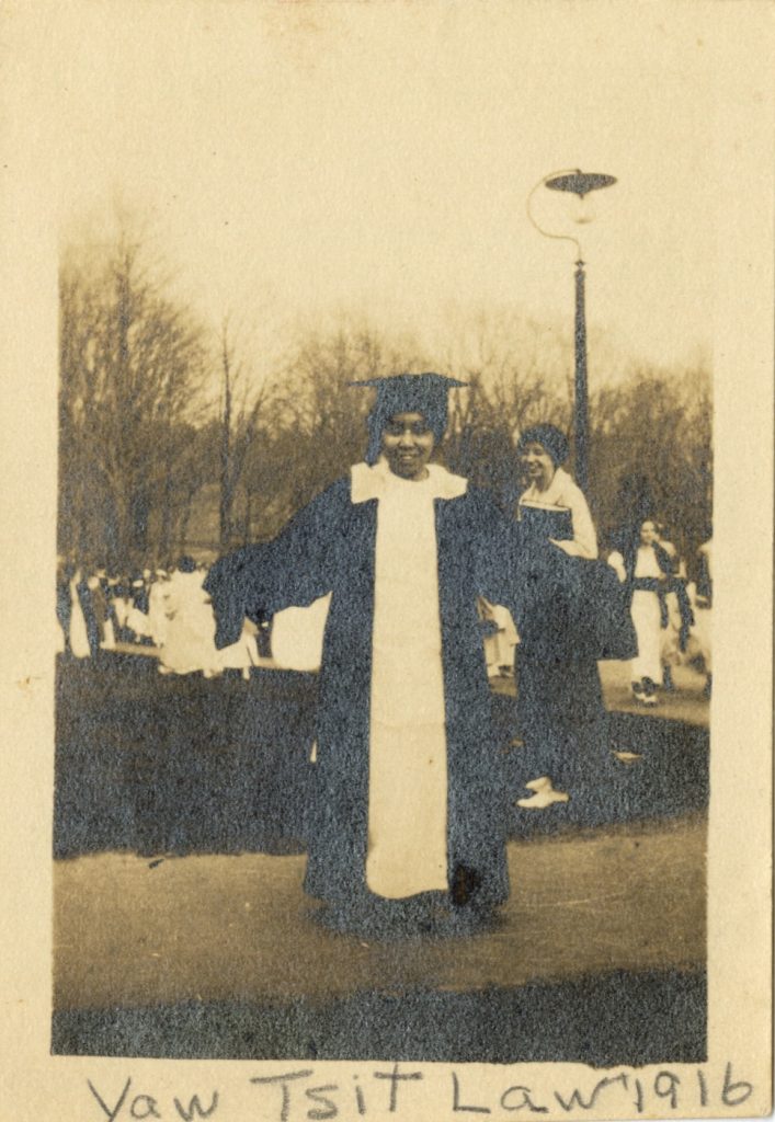 Yau Tsit Law, class of 1916, in her graduation gown during the Senior Jump Rope event, 1916.