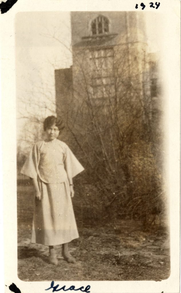 Grace Paul stands on Mount Holyoke's campus