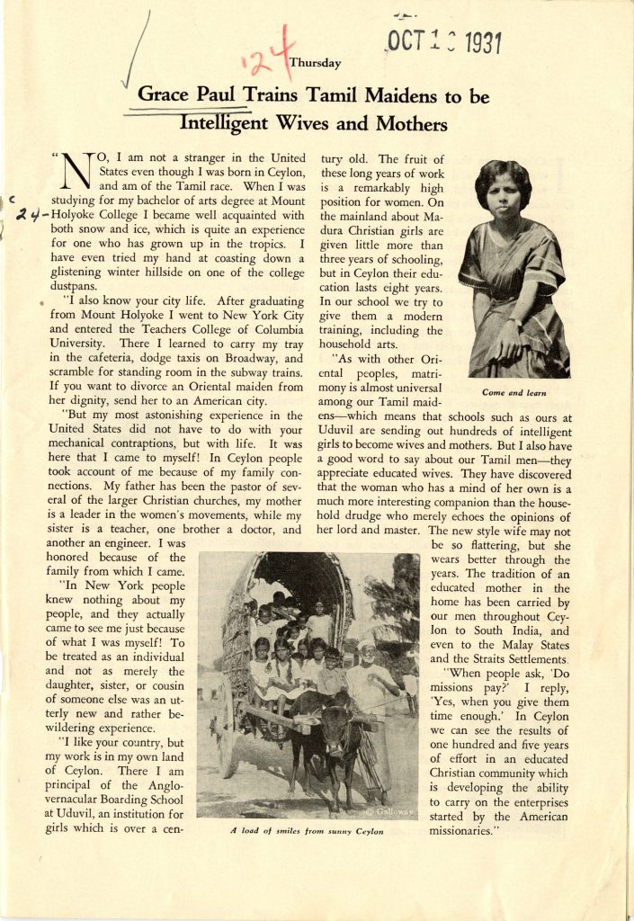 Pamphlet featuring Grace Paul in traditional clothing. Also features children in Ceylon sitting in a covered buggy pulled by a cow.