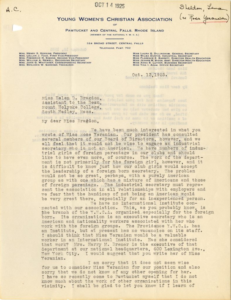 Letter written by typewriter, with an official Young Women's Christian Association header