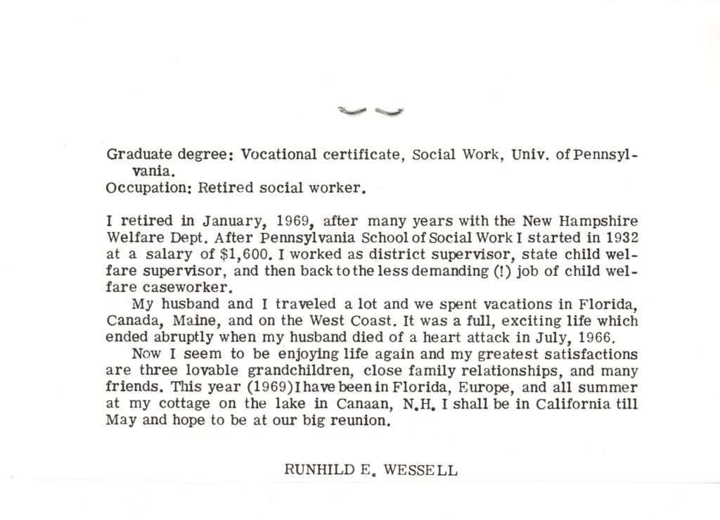 Telegram in which Tanetta Vester, class of 1930 expressed her wish to attend the 40th reunion, 1970.