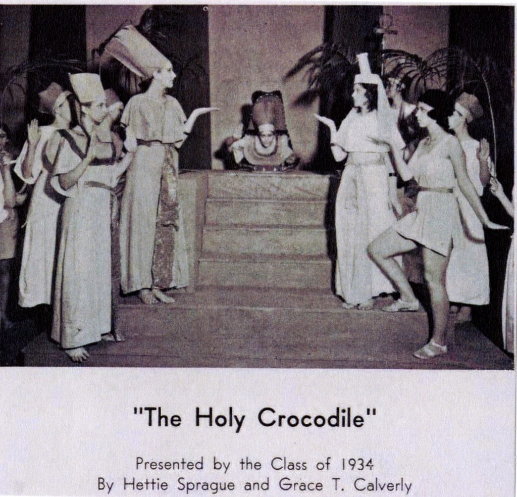 Copy of a photo taken during a theatrical production. The play is called "The Holy Crocodile", 1933, from Llamarada 1933. Presented by the Class of 1934 by Hettie Sprague and Grace T. Calverly.