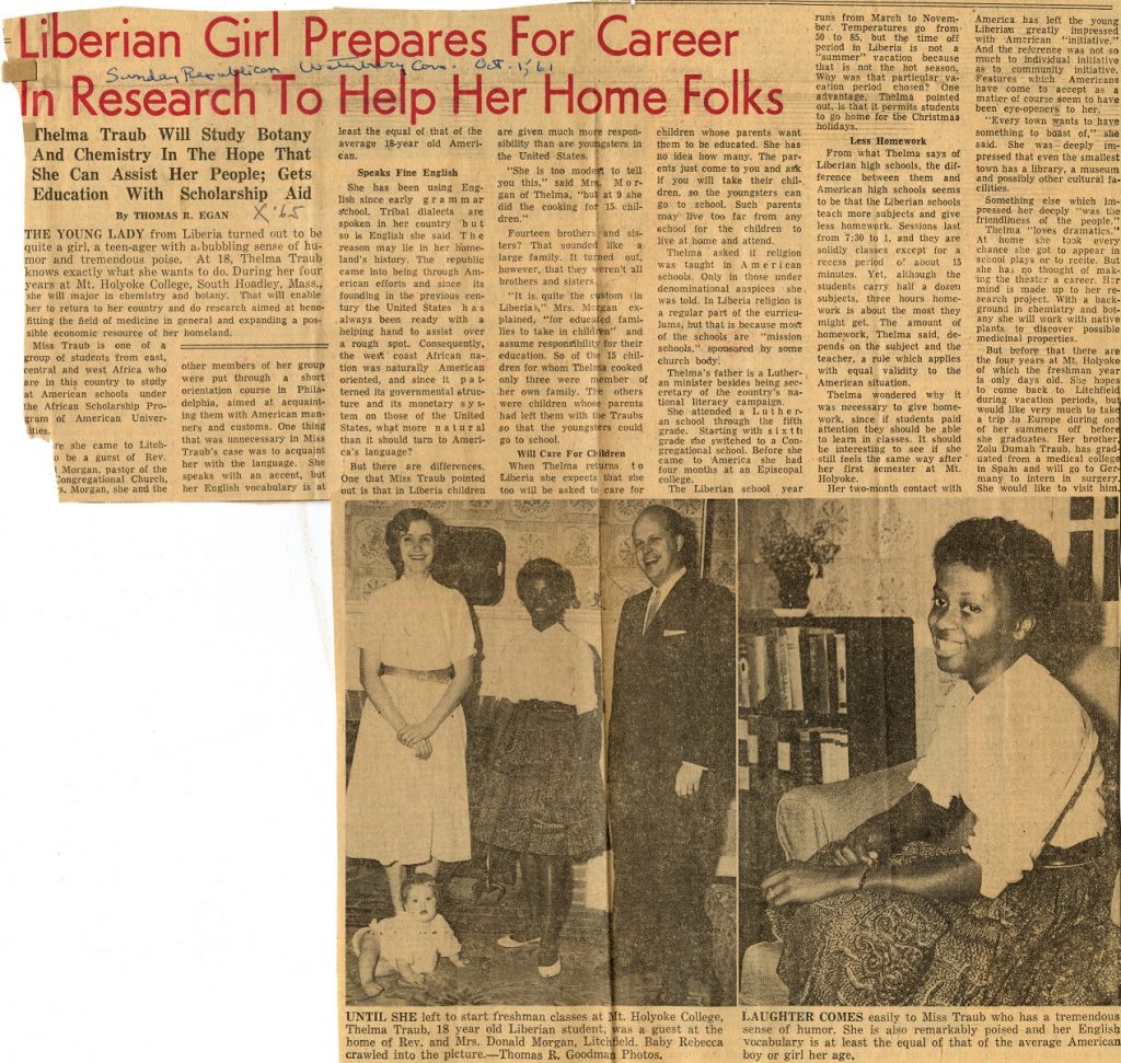 News clipping featuring two grayscale images of Thelma Traub. One shows her standing with the family of Reverend Donald Morgan, their baby crawling on the floor. The second image shows Thelma Traub sitting and smiling at the camera. The article is titled "Liberian Girl Prepares For Career in Research to Help Her Home Folks".