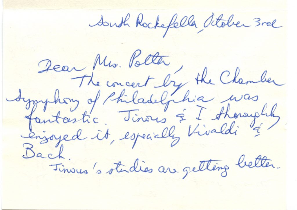 Postcard written with a blue ink ballpoint pen. The postcard is in well-preserved condition. Text: South Rockefeller, October 3rd. Dear Mrs.Potter, The concert by the Chamber Symphony of Philadelphia was fantastic. Jinous and I thoroughly enjoyed it, especially Vivaldi and Bach. Jinous's studies are getting better.
